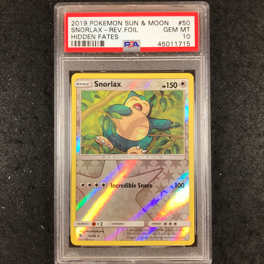 PSA 10 Snorlax - 50 - Reverse Holo Pokemon Sun & Moon Hidden Fates 715-Cherry Collectables