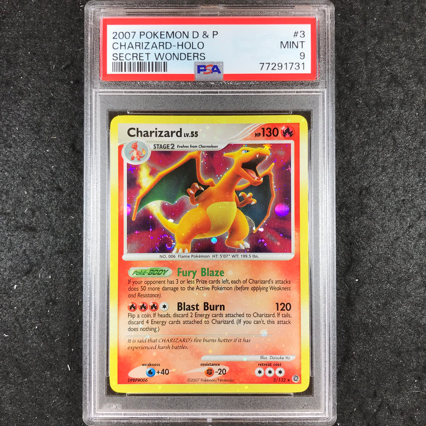PSA 9 Charizard - 3/132 - Holo Rare HOLO BLEED Pokemon Diamond & Pearl Secret Wonders 731-Cherry Collectables