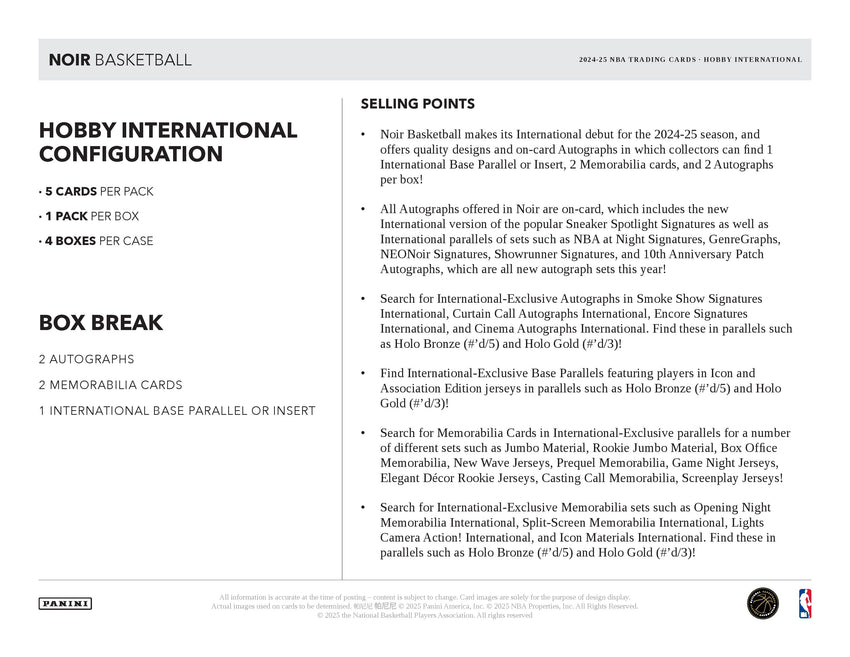 2024-25 Panini Noir Basketball International Hobby Box