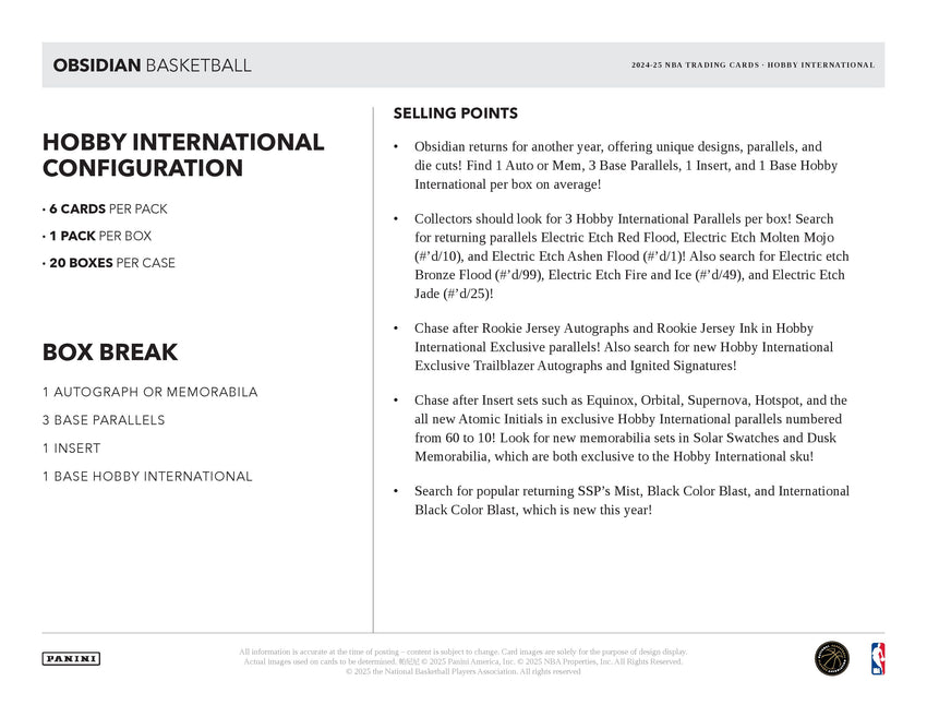 2024-25 Panini Obsidian Basketball International Hobby Box