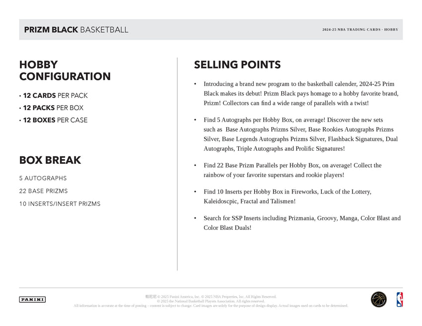 2024-25 Panini Prizm Black Basketball Hobby Box