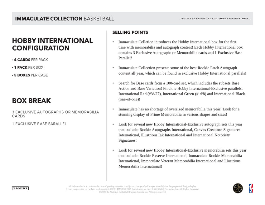 2024-25 Panini Immaculate Basketball Hobby International Box