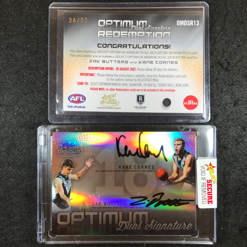 2021 Select AFL Optimum KANE CORNES ZAK BUTTERS Mirror Dual Signature 34/50