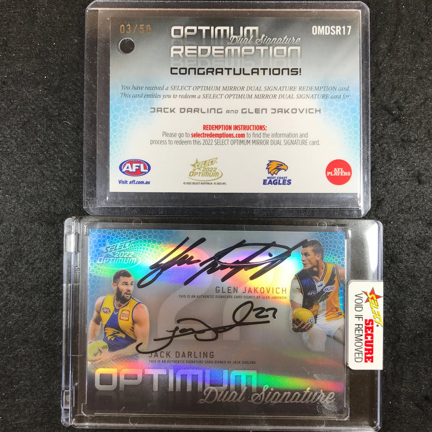2022 Select AFL Optimum GLEN JAKOVICH JACK DARLING Mirror Dual Signature 03/50