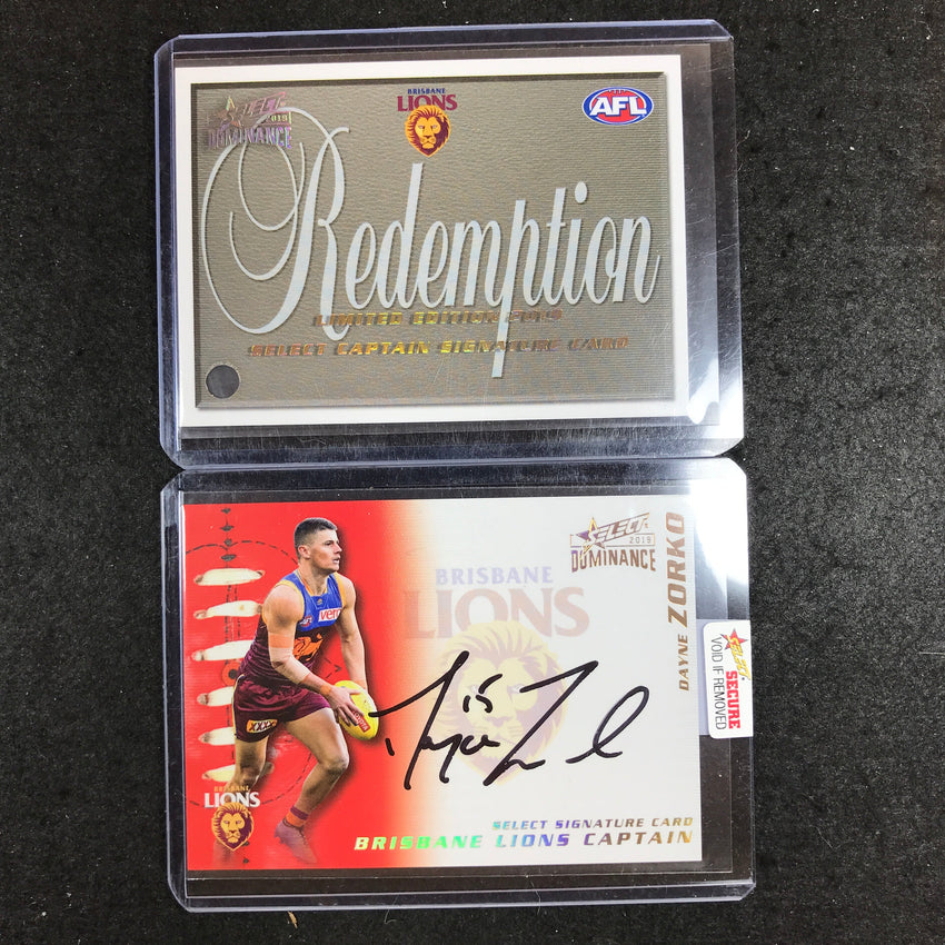 2019 Select AFL Dominance DAYNE ZORKO Captain Signature Card Brisbane 47/50