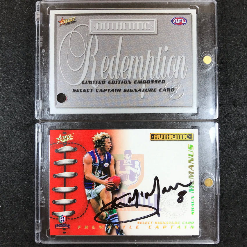 2001 Select AFL Authentic SHAUN MCMANUS Captain Signature Card - Fremantle 23/50