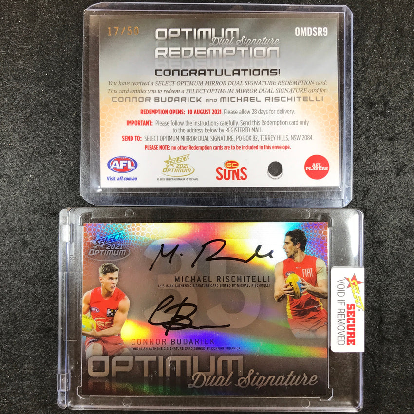2021 Select AFL Optimum RISCHITELLI CONNOR BUDARICK Mirror Dual Signature 17/50