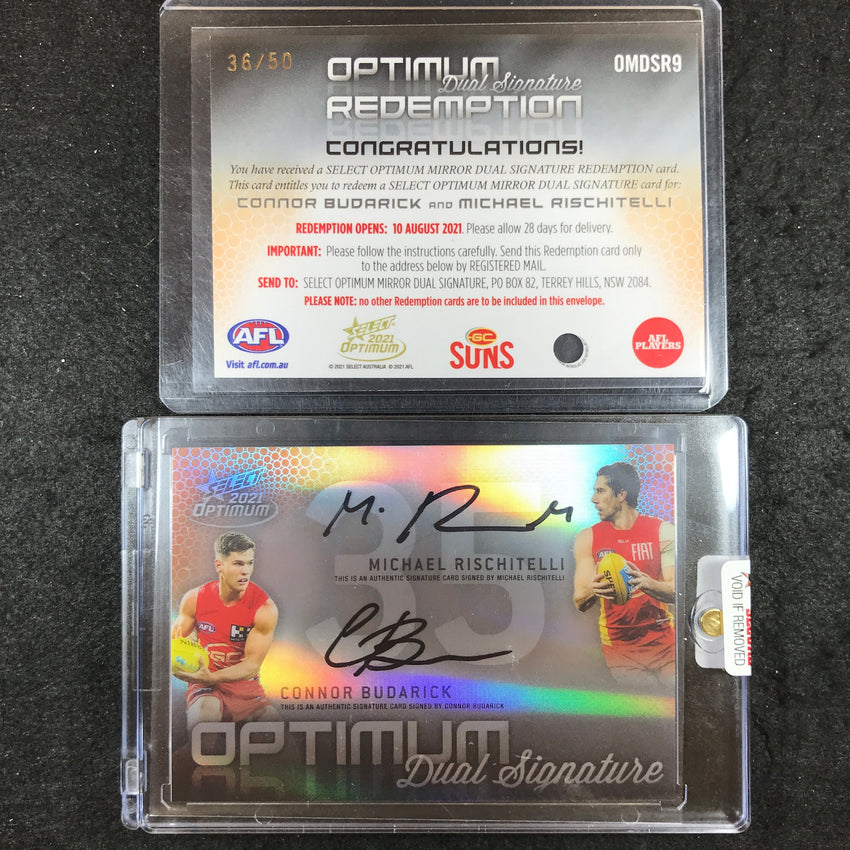 2021 Select AFL Optimum RISCHITELLI CONNOR BUDARICK Mirror Dual Signature 36/50