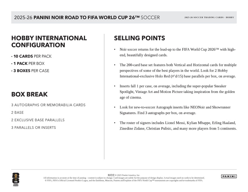 2025-26 Panini Noir Road to FIFA World Cup Soccer Hobby International Box