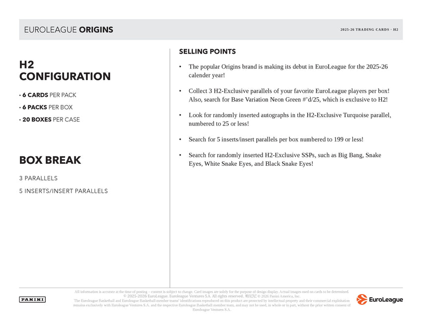 2025-26 Panini Origins H2 EuroLeague Basketball Box (Pre Order)