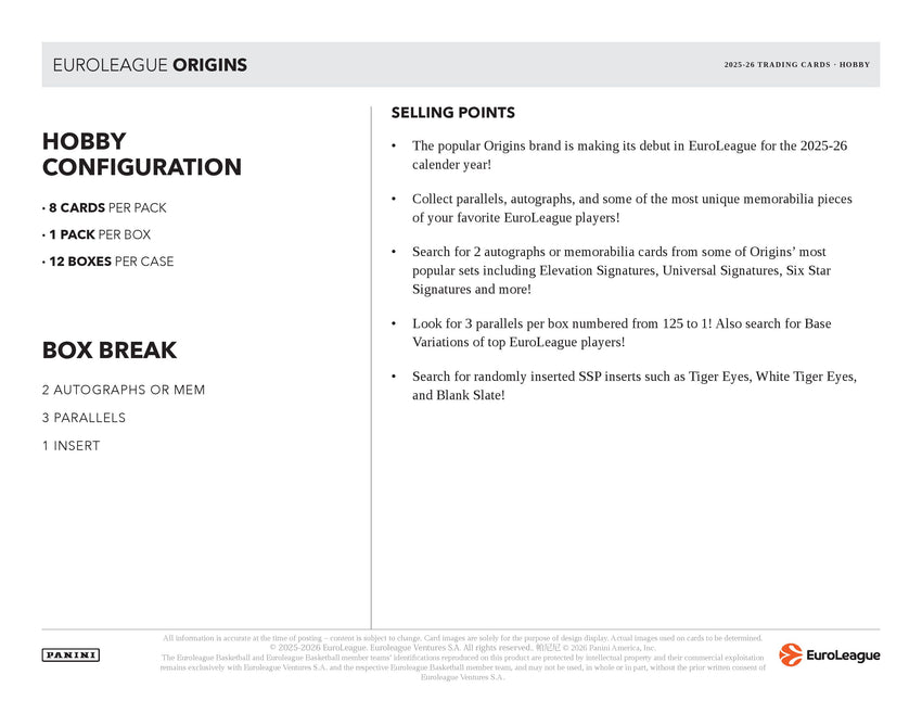2025-26 Panini Origins EuroLeague Basketball Hobby Box (Pre Order)
