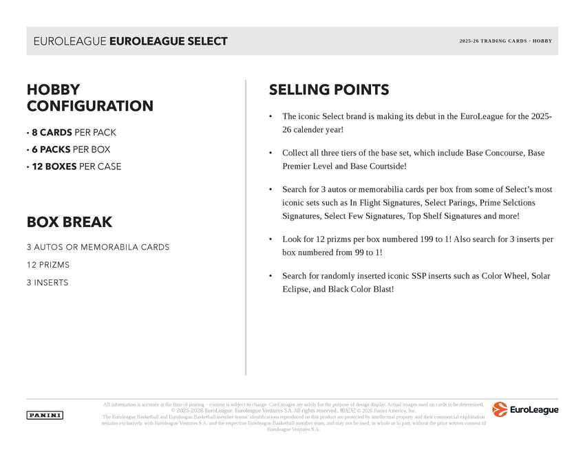 2025-26 Panini Select EuroLeague Basketball Hobby Box