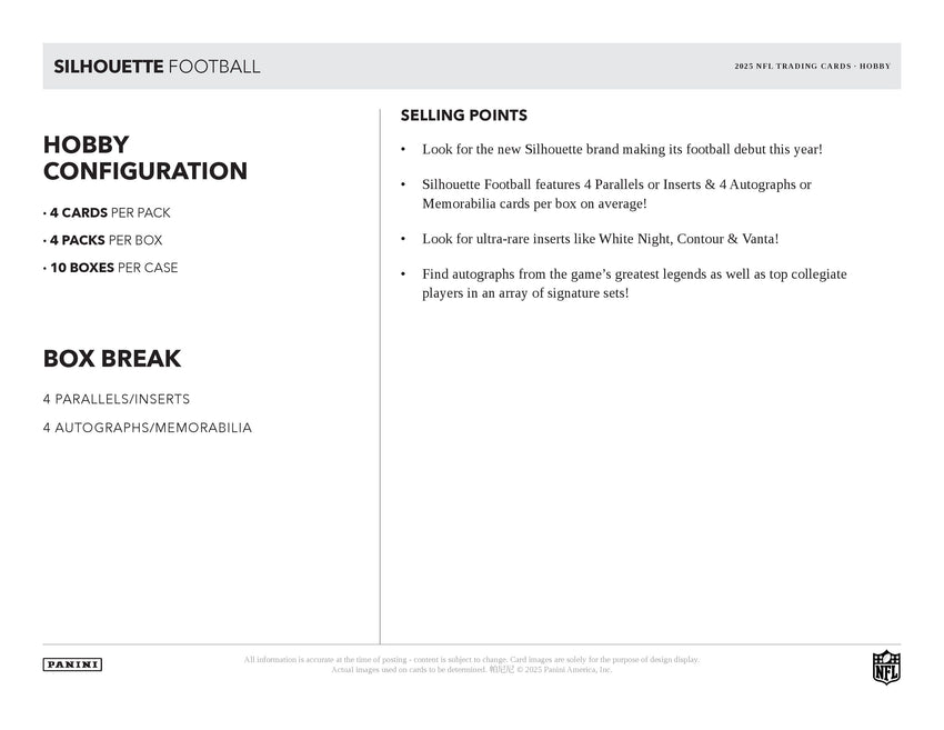 2025 Panini Silhouette Football Hobby Box (Pre Order)