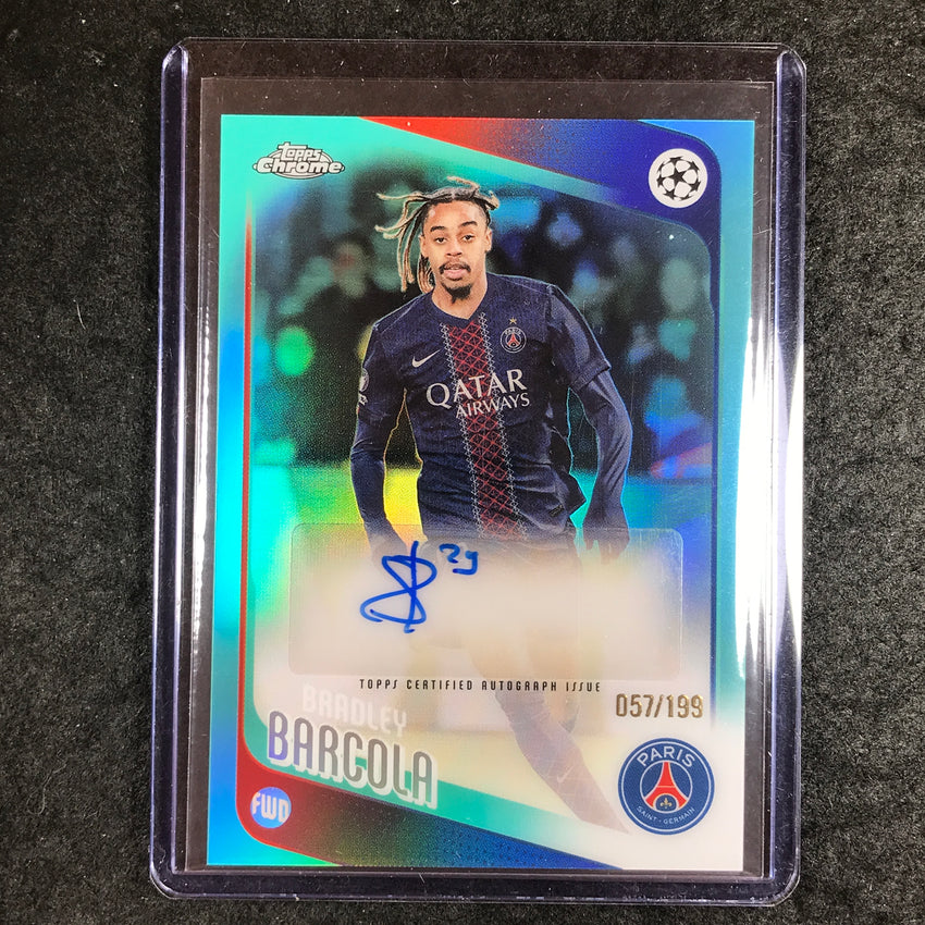 2025-26 Topps Chrome UEFA CC BRADLEY BARCOLA Chrome Auto Aqua Refractor 57/199