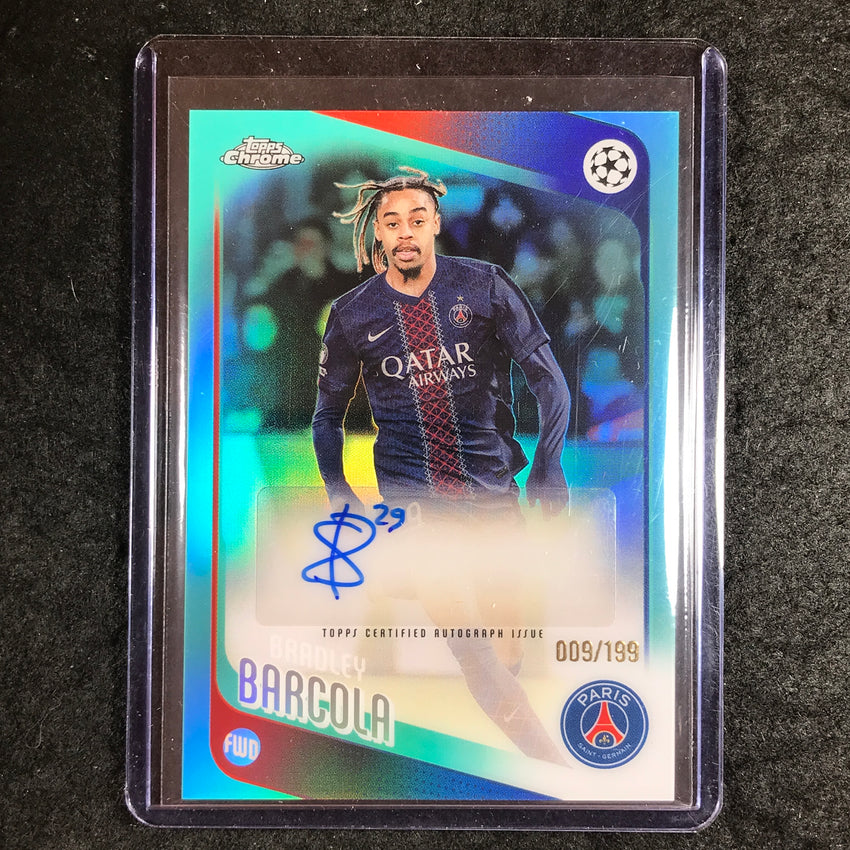 2025-26 Topps Chrome UEFA CC BRADLEY BARCOLA Chrome Auto Aqua Refractor 9/199