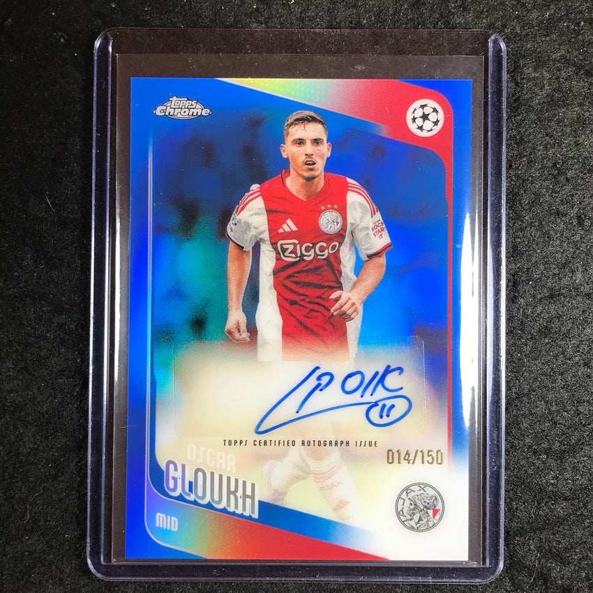 2025-26 Topps Chrome UEFA CC OSCAR GLOUKH Chrome Auto Blue Refractor 14/150