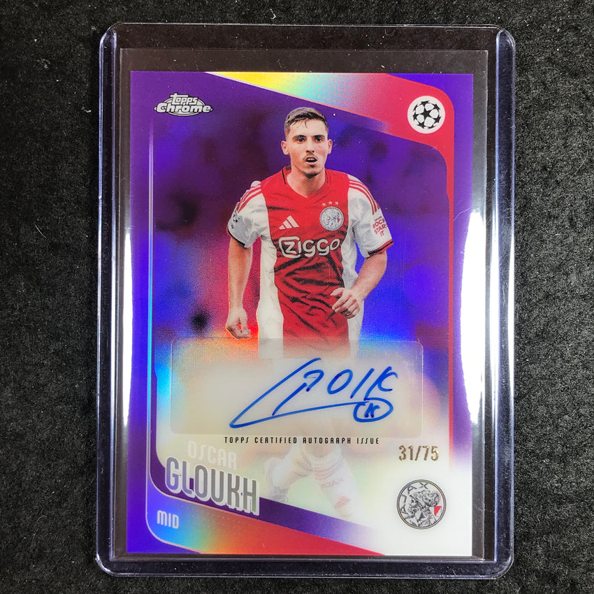 2025-26 Topps Chrome UEFA CC OSCAR GLOUKH Chrome Auto Purple Refractor 31/75