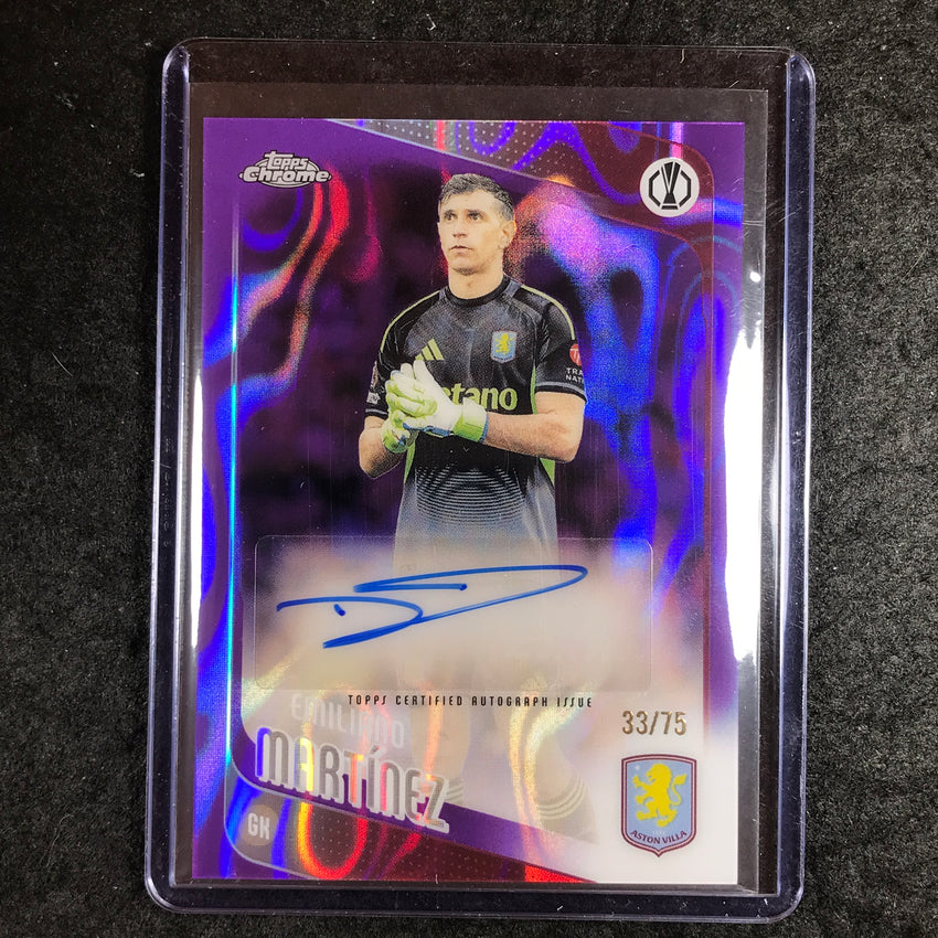 2025-26 Topps Chrome UEFA CC EMILIANO MARTINEZ Chrome Auto Purple Lava 33/75