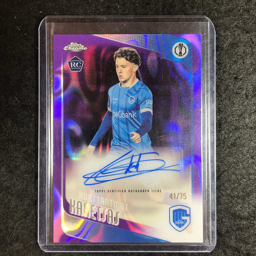2025-26 Topps Chrome UEFA CC KONSTANTINOS KARETSAS Rookie Auto Purple Lava 41/75