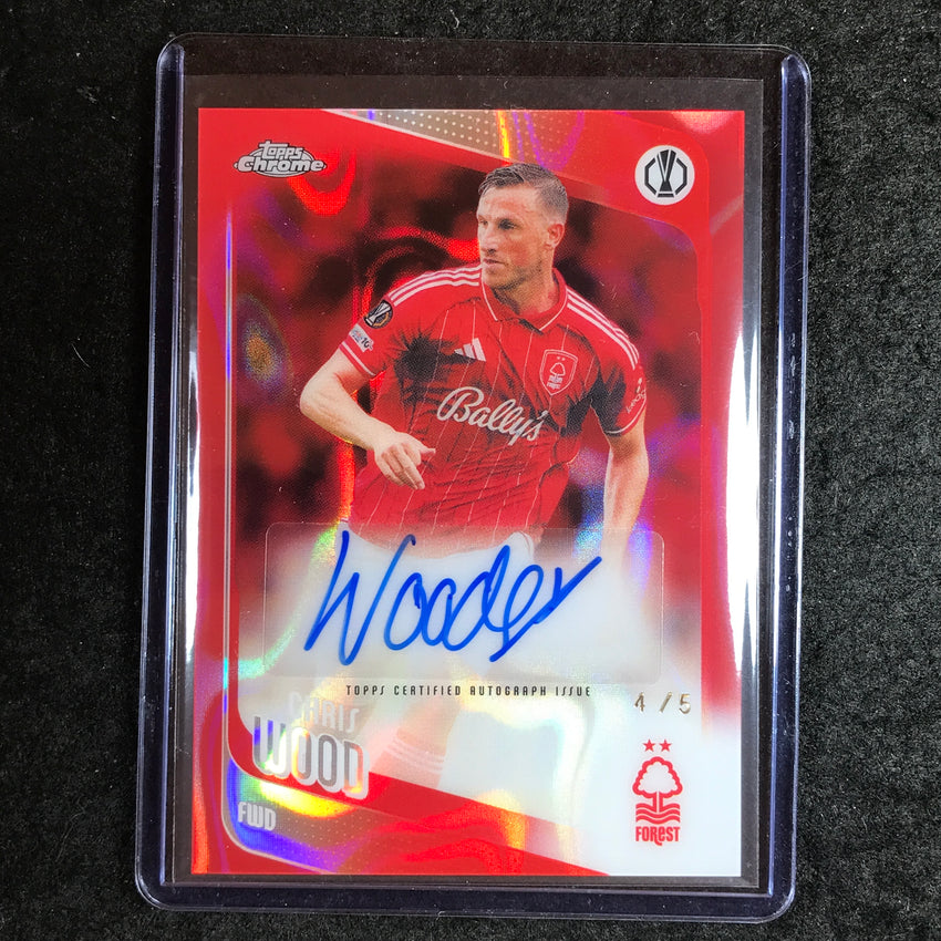 2025-26 Topps Chrome UEFA CC CHRIS WOOD Chrome Auto Red Lava 4/5