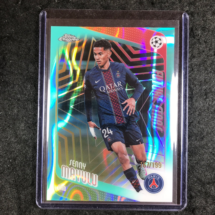 2025-26 Topps Chrome UEFA CC SENNY MAYULU Future Stars Aqua Lava 167/199