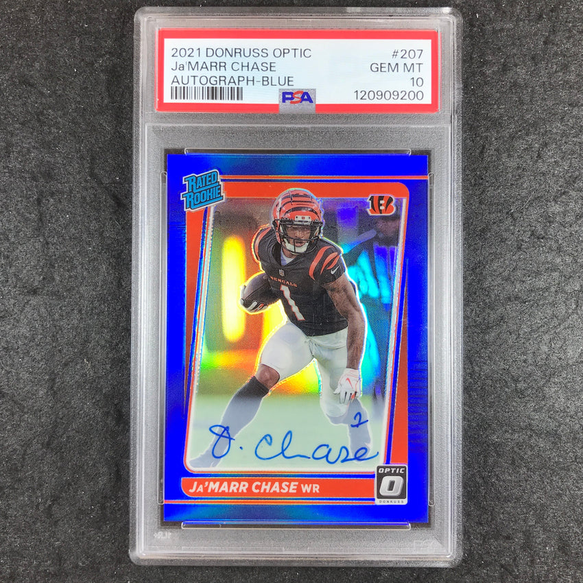 2021 Donruss Optic JA'MARR CHASE Rated Rookie Auto Blue 22/40 #207 PSA 10 (200)