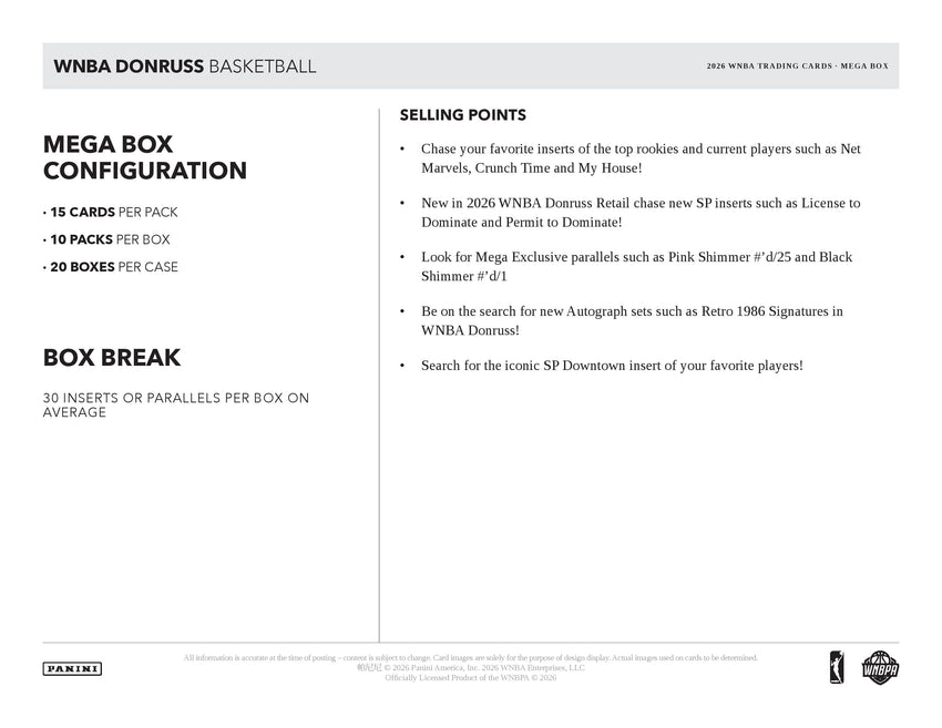 2026 Panini Donruss WNBA Basketball Mega Box-Cherry Collectables