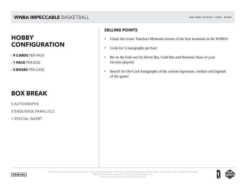 2026 Panini Impeccable WNBA Basketball Hobby Box (Pre Order)