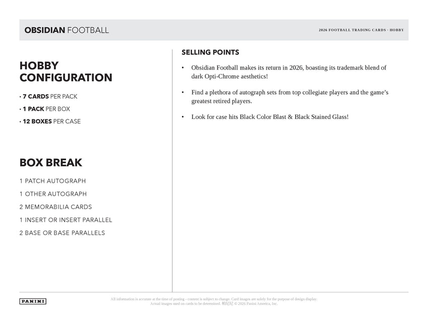 2026 Panini Obsidian Football Hobby Box (Pre Order)-Cherry Collectables