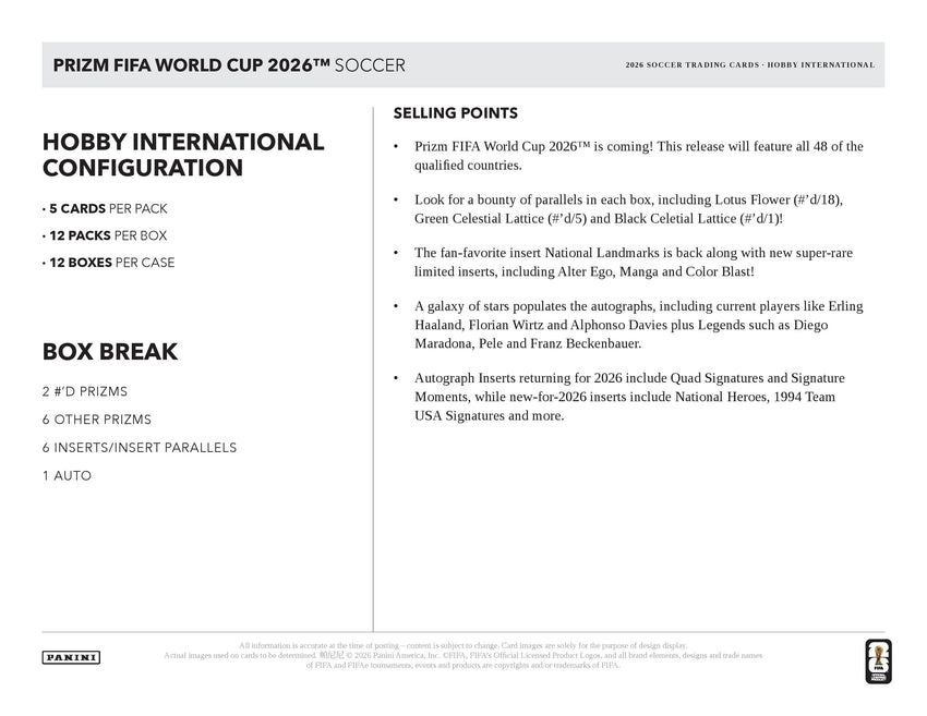 2026 Panini Prizm FIFA World Cup Soccer Hobby International Box (Pre Order)