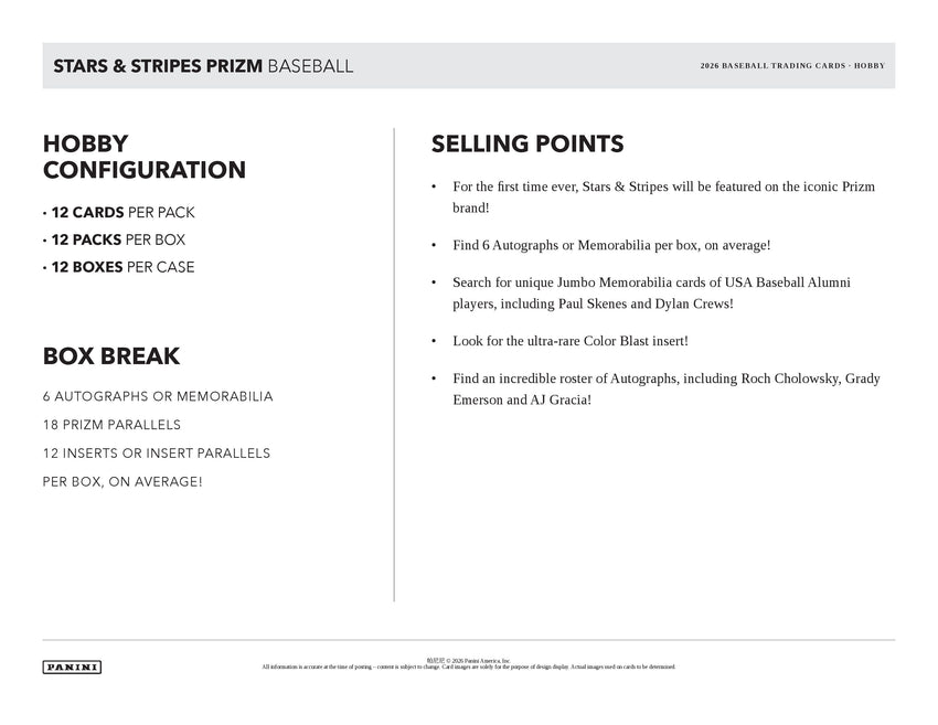2026 Panini USA Stars & Stripes Prizm Baseball Hobby Box (Pre Order)