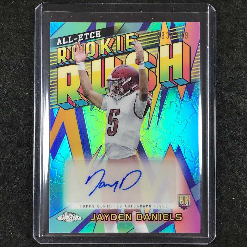 2024 Topps Chrome Football JAYDEN DANIELS All-Etch Rookie Rush Auto Aqua 83/199