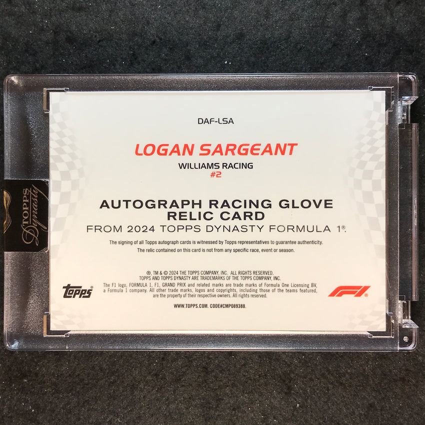 2024 Topps Dynasty Formula 1 LOGAN SARGEANT Racing Glove Relic Auto 5/10