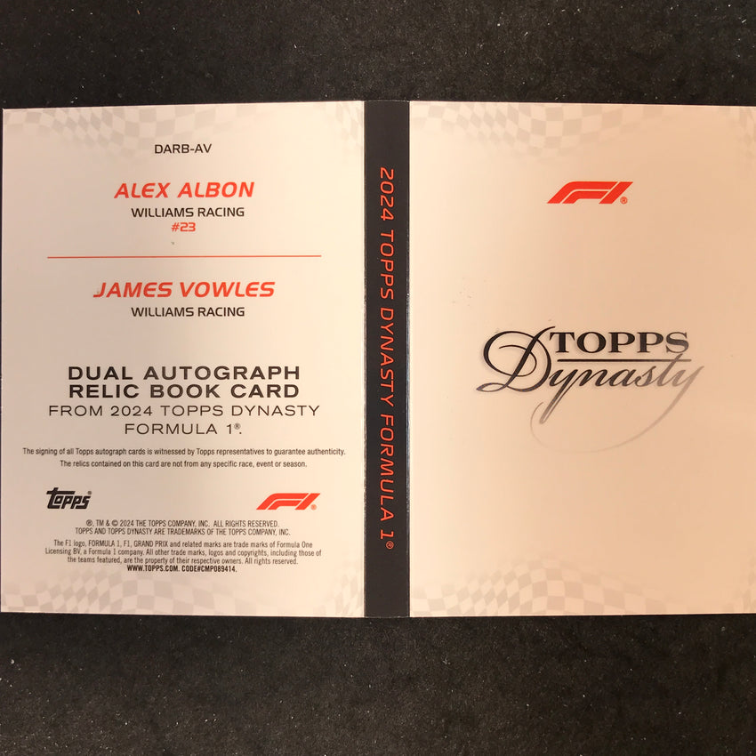 2024 Topps Dynasty Formula 1 ALEX ALBON VOWLES Dual Relic Auto Booklet Black 1/2