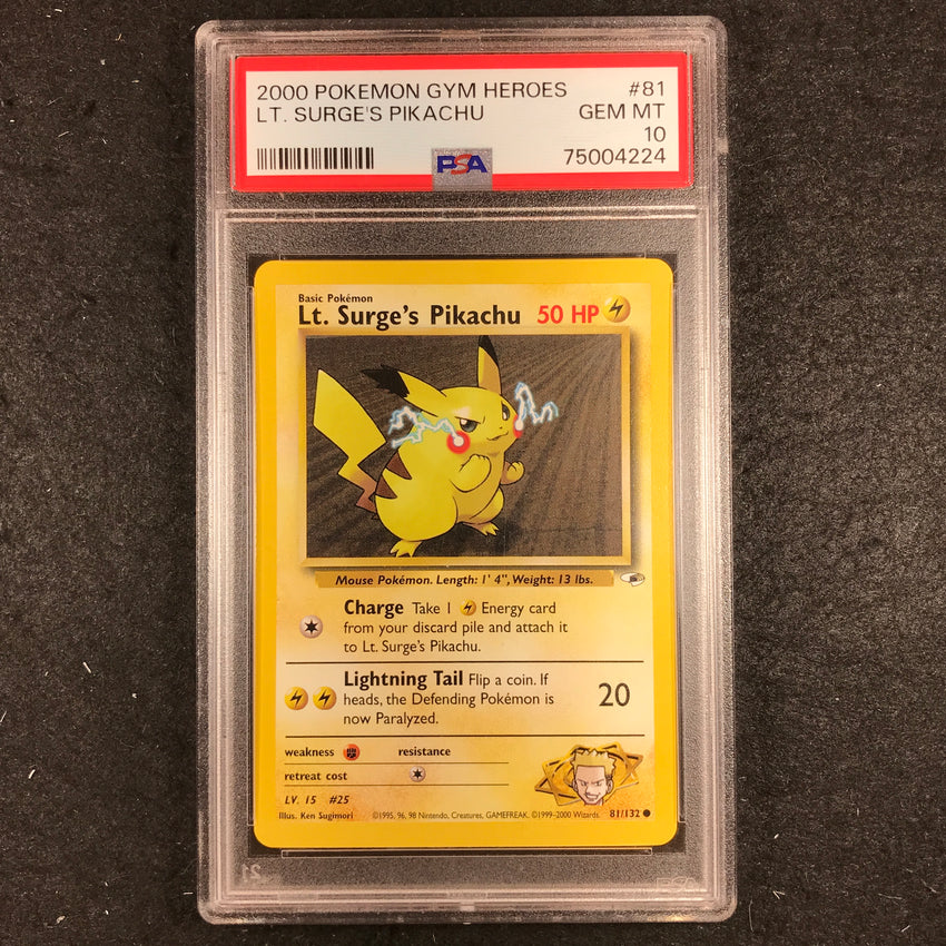 PSA 10 Lt. Surge's Pikachu - 81/132 - Gym Heroes 224-Cherry Collectables