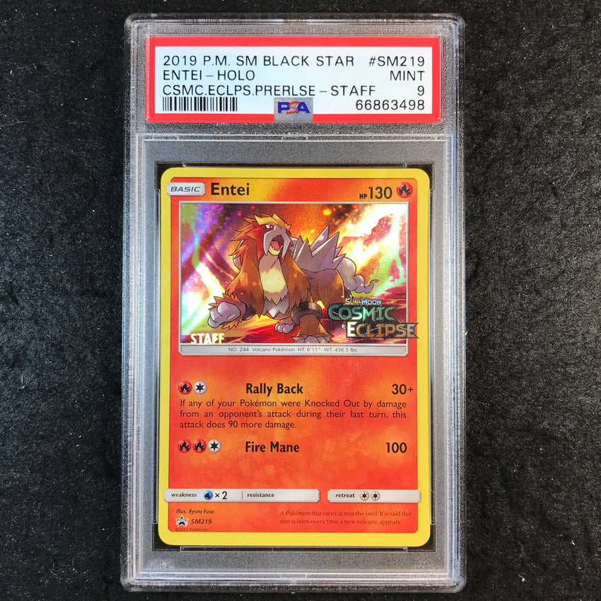 PSA 9 Entei - SM219 - Cosmic Eclipse Pre-Release Staff Promo 498