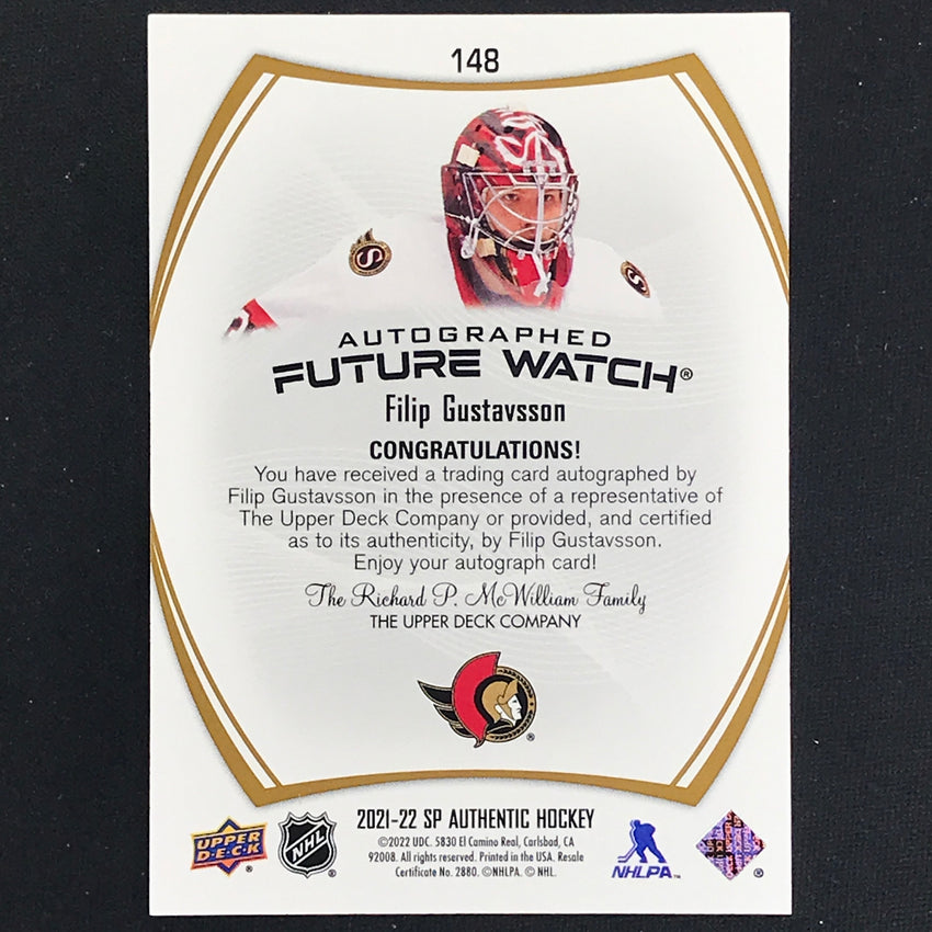 2021-22 Sp Authentic Nhl Filip Gustavsson Future Watch Rookie Auto Black No 148
