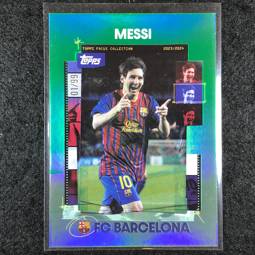 2023-24 Topps Focus Barcelona LIONEL MESSI Snapshots Green Rainbow Foil 1/99 #37