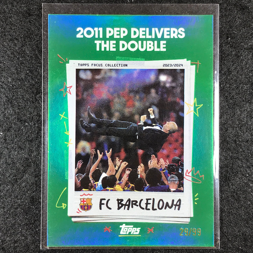 2023-24 Topps Focus Barcelona 2011 DELIVERS DOUBLE Moments In Time Green 29/99