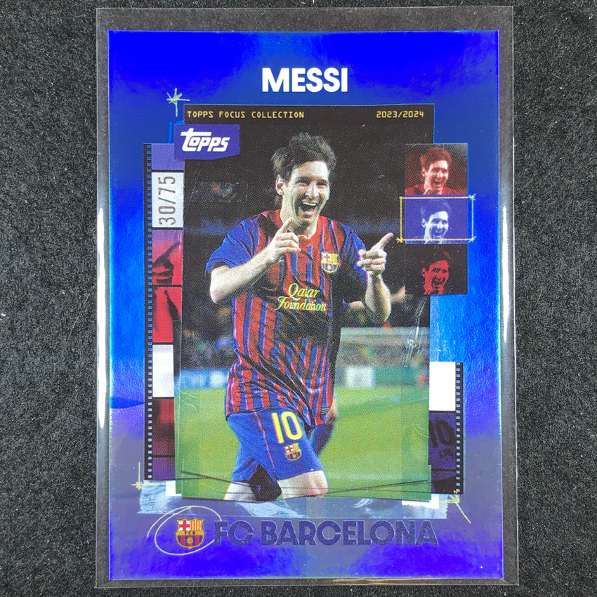 2023-24 Topps Focus Barcelona LIONEL MESSI Snapshots Blue Rainbow Foil 30/75 #37