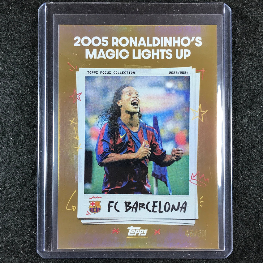 2023-24 Topps Focus Barcelona 2005 RONALDINHO MAGIC Moments In Time Gold 48/50