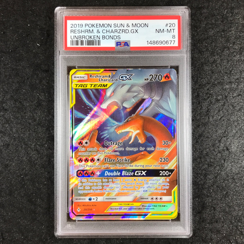PSA 8 Reshiram & Charizard GX - 20 - Pokemon Sun & Moon Unbroken Bonds 677-Cherry Collectables