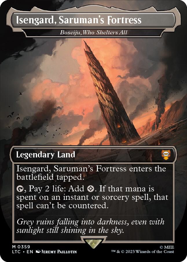 FOIL BORDERLESS Isengard, Saruman's Fortress // Boseiju, Who Shelters All - #359 - Mythic Lord of the Rings Commander