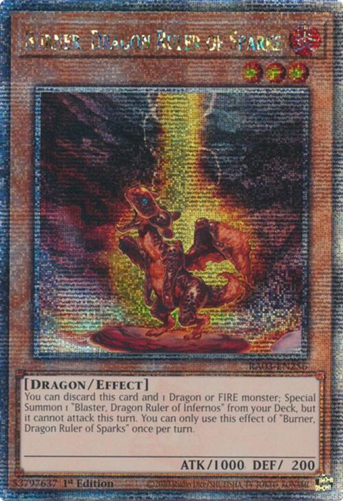 [QUARTER CENTURY RARE] Burner, Dragon Ruler of Sparks (Quarter Century Secret Rare) - (RA03-EN256) - 1st Edition