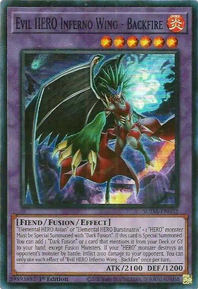 Evil HERO Inferno Wing - Backfire - (SUDA-EN032) - Super Rare 1st Edition