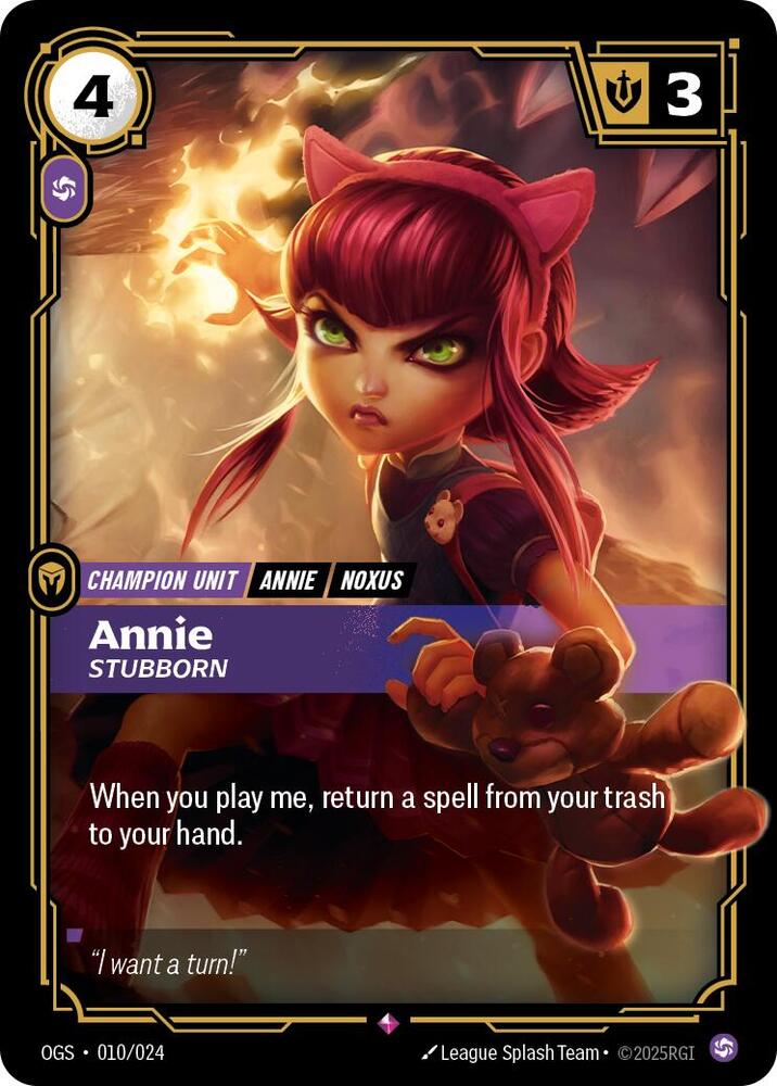 Annie - Stubborn - 010/024 - Rare -  Riftbound - Proving Grounds