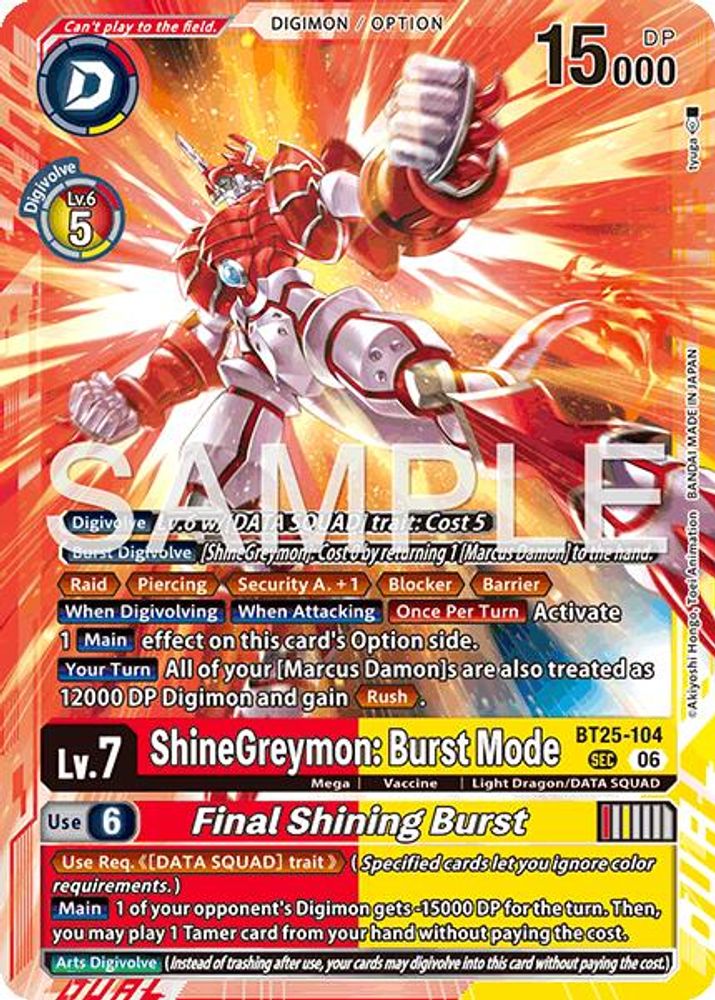 ShineGreymon: Burst Mode // Final Shining Burst (BT25-104) Secret Rare - Digimon Dual Revolution