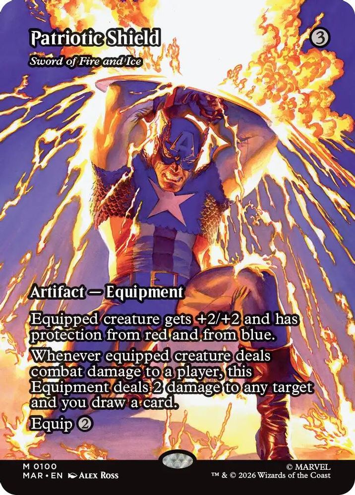 [FOIL] Patriotic Shield - Sword of Fire and Ice (Borderless) #100 - MYTHIC MAR -  Marvel Universe Eternal-Legal