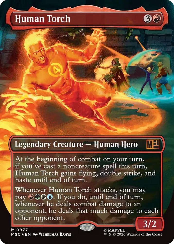 [FOIL] Human Torch (Borderless) (Surge Foil) #877 - MYTHIC MSC -  Commander: Marvel Super Heroes