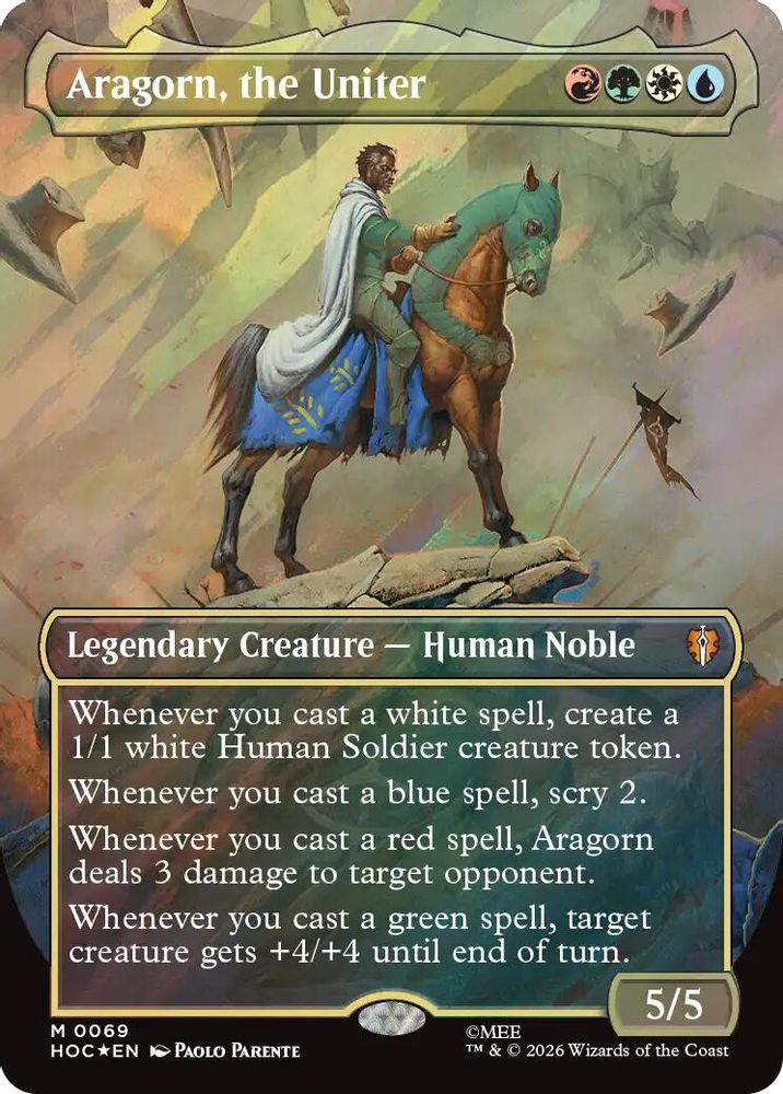 [FOIL] Aragorn, the Uniter (Borderless) (Surge Foil) #069 - MYTHIC HOC - The Hobbit: Eternal-Legal